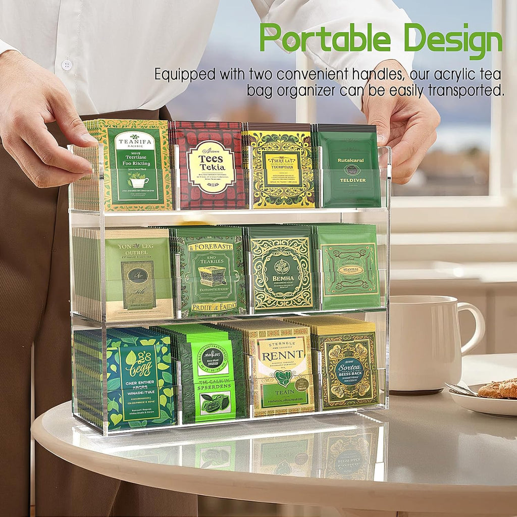 Jumyee 3-Tier Acrylic Tea Bag Organizer & Storage Box, 12 Compartment Portable Teabags Organizer for Cabinet Countertop, Coffee & Tea Station Organizer for Home Office