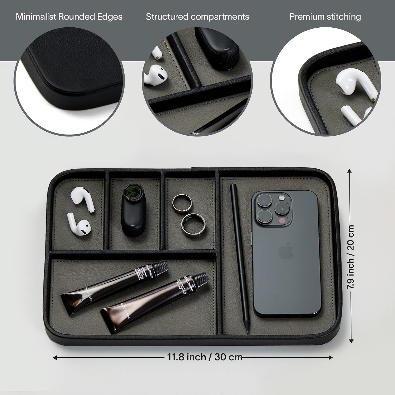 Nordik Leather Valet Tray - Large EDC Tray - Pebble Black (11.8 x 7.9 in) | Premium Vegan Leather with Two-Toned Design, Includes Five Compartments, Giftable, Catchall Tray for Keys Watch and Jewellery