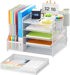 Marbrasse Desk Organiser with File Holder, 5-Tier Paper Letter Tray Organiser with Drawer and 2 Pen Holder, Mesh Desktop Organizer and Storage with Magazine Holder for Office Supplies(White)