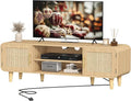 Rattan TV Stand for 60 Inch TV, Entertainment Center with Charging Station, Adjustable Shelf & 2 Storage Cabinet, Boho TV Console, Modern Media Console for Living Room, Bedroom Natural