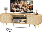 Rattan TV Stand for 60 Inch TV, Entertainment Center with Charging Station, Adjustable Shelf & 2 Storage Cabinet, Boho TV Console, Modern Media Console for Living Room, Bedroom Natural