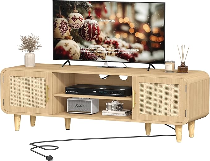 Rattan TV Stand for 60 Inch TV, Entertainment Center with Charging Station, Adjustable Shelf & 2 Storage Cabinet, Boho TV Console, Modern Media Console for Living Room, Bedroom Natural