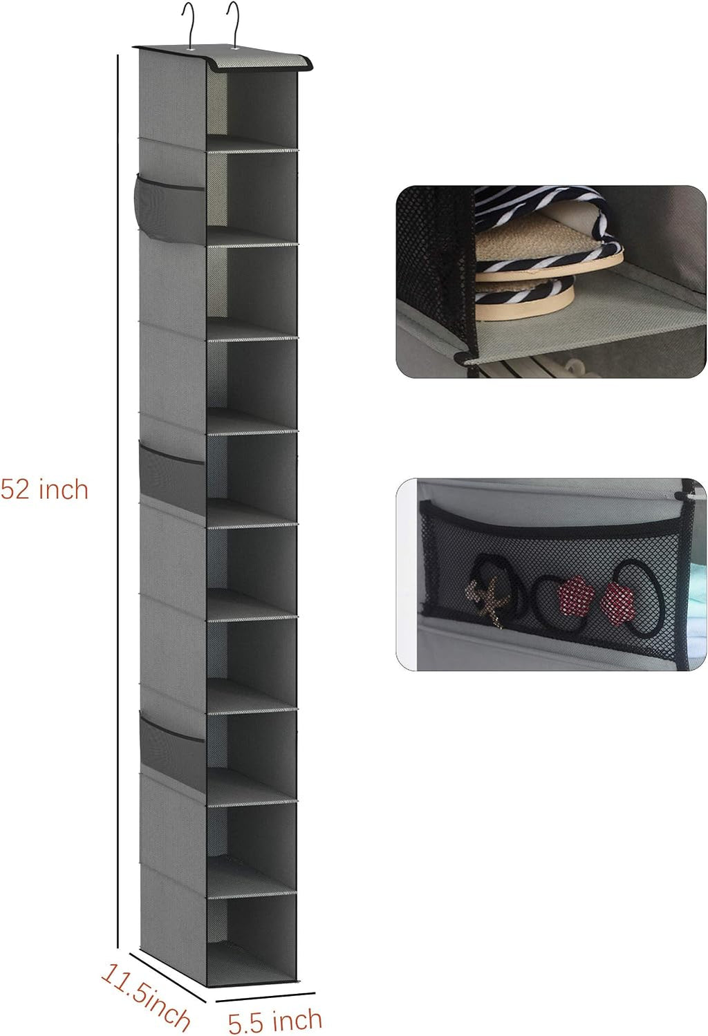 Libeder 10-Shelf Hanging Closet Shoe Organizers with Side Pockets, Grey | Hanging Closet Organizer with Side Pockets for Wardrode,Dorm, Folding Shoe Racks, Space Saving Hanging Shelves with Hooks