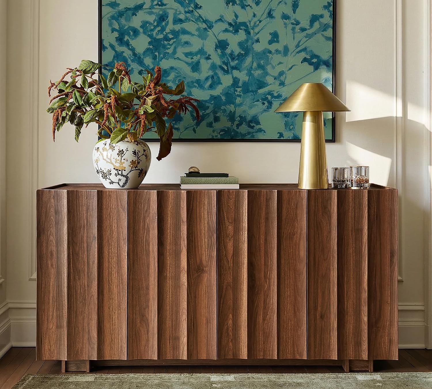 win2win 61.7" Fluted Sideboard Buffet Cabinet with Storage, Walnut | Mid Century Modern Credenza with Adjustable Shelves, Modular Accent Cabinet for Living Dining Room Hallway,Wave Design