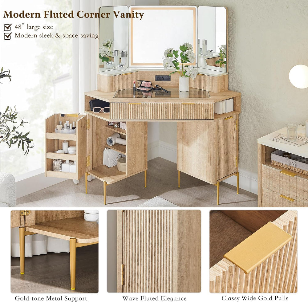 T4TREAM 48" Corner Makeup Vanity with Lighted Triple Mirror, Natural Oak...