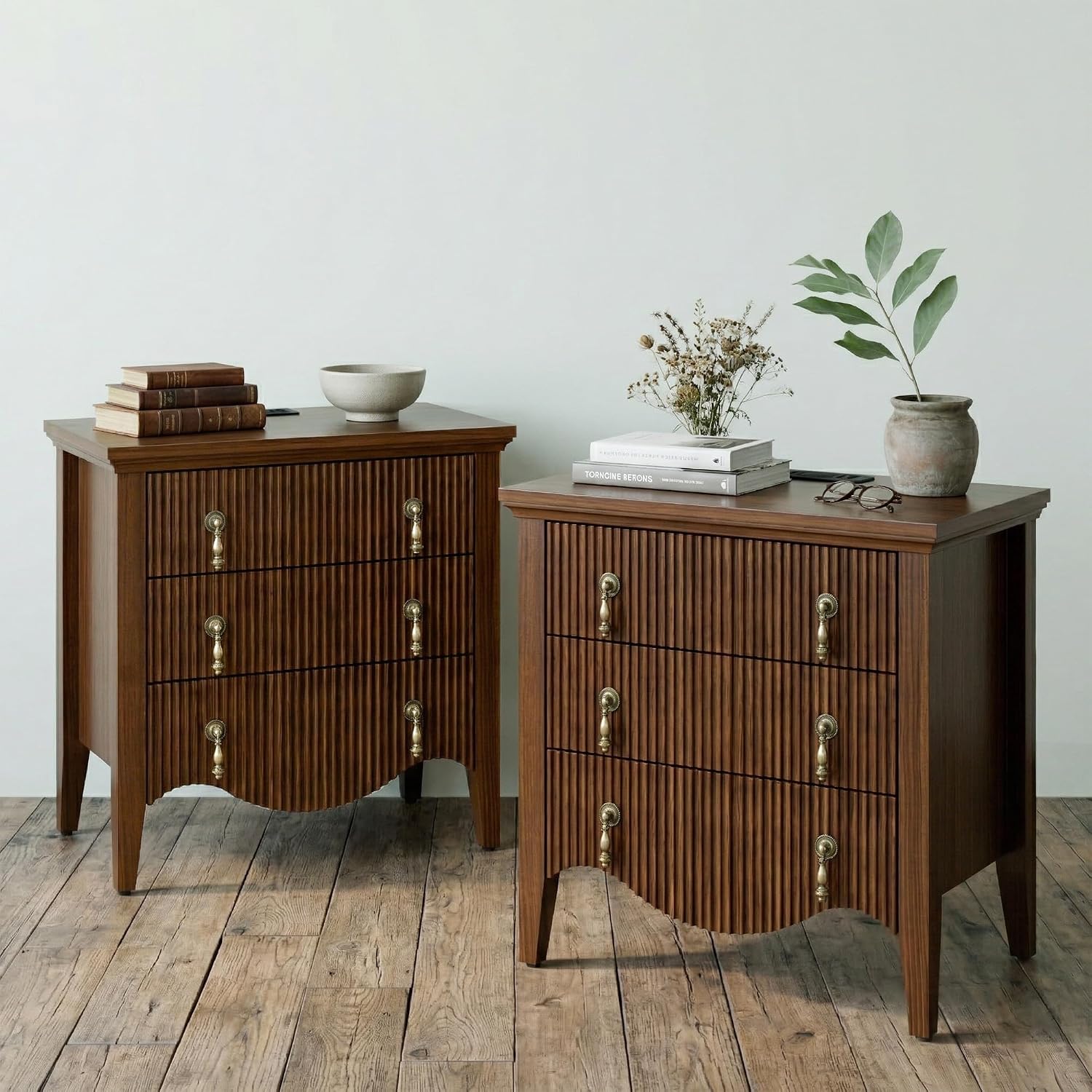 FUSUNBAO Set of 2 Nightstands with Charging Station&3 Fluted Drawers,Walnut | Vintage Bedside Table, 3 Fluted Drawers and Open Shelf, Rustic End Table, Power Outlet and USB Ports, For Bedroom