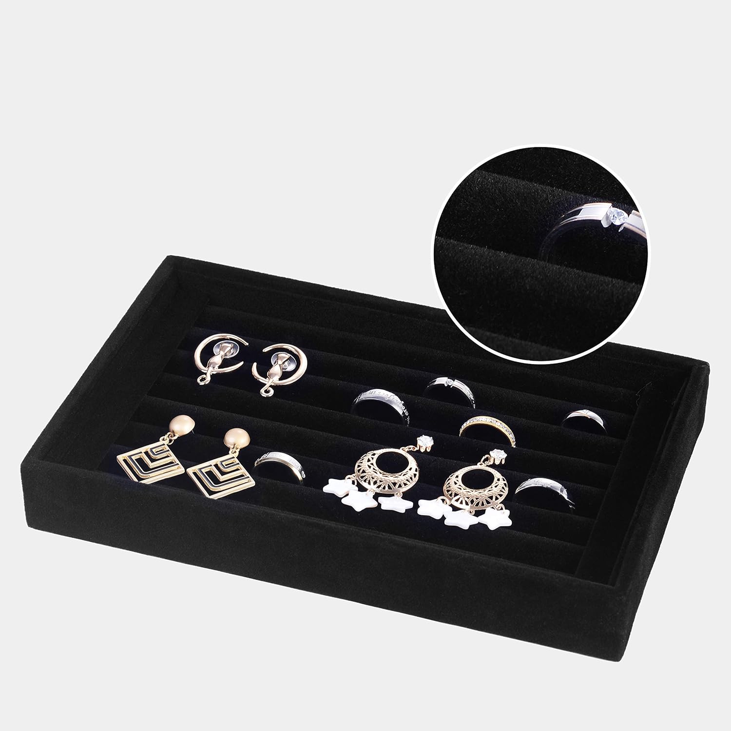 Valyria Velvet 7 Slots Ring Earrings Trays Showcase Display Jewelry Organizer VA003 (Black)