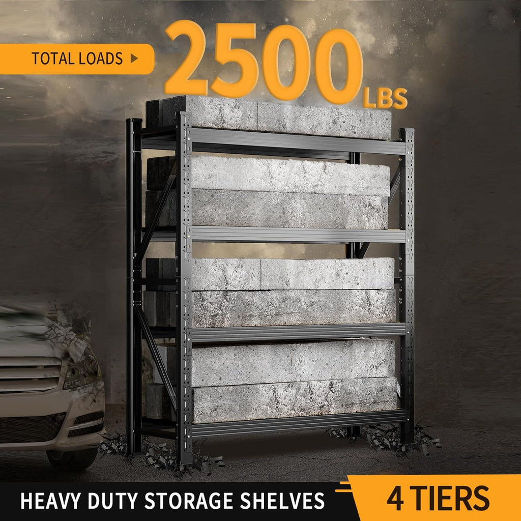 63" H Storage Garage Shelving Unit, 2500LBS Heavy Duty Metal Shelves Organization, Adjustable 4 Tier Utility Storage Shelf Rack for Industrial, Basement, Warehouse (Black, 19.7" D×31.5" W×63" H)
