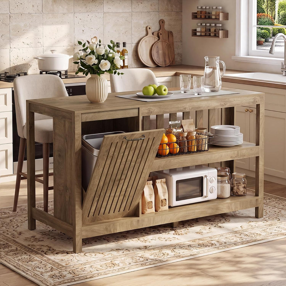 LITTLE TREE 55" Kitchen Island with Trash Can Storage, 3-Tier Island Tab...