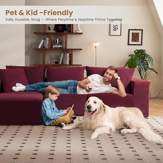108" L-Shaped Boneless Couch, Modular Sectional Sofa with Moveable Ottoman, Corduroy Cloud Couches for Living Room, No Assembly, Ship in a Box, Red