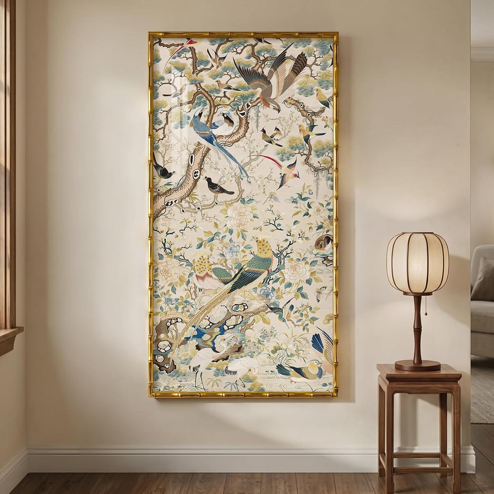 Large Vintage Gold Framed Chinoiserie Wall Art for Living Room, 60x30 Inch