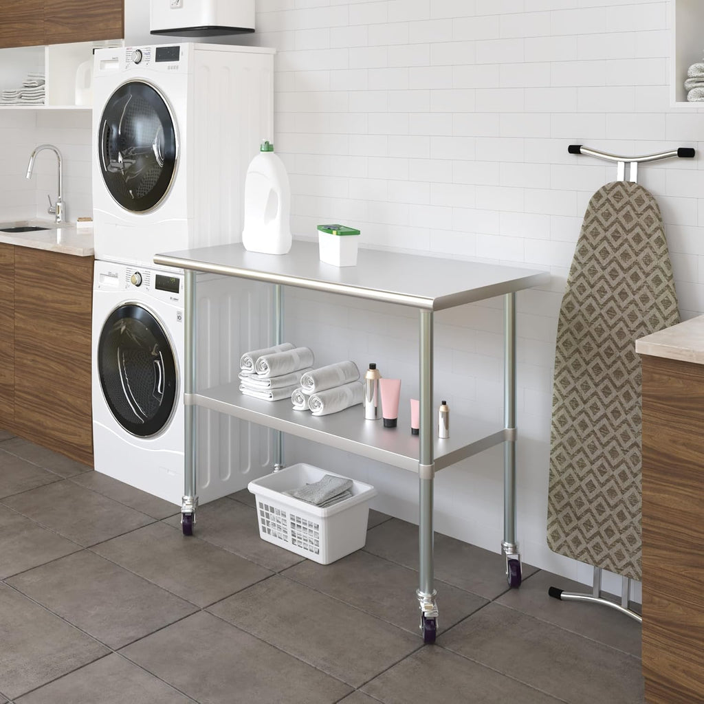 AmGood 24" x 48" Stainless Steel Work Table with Casters | Heavy Duty Metal Utility Table On Wheels | Kitchen Island Cart