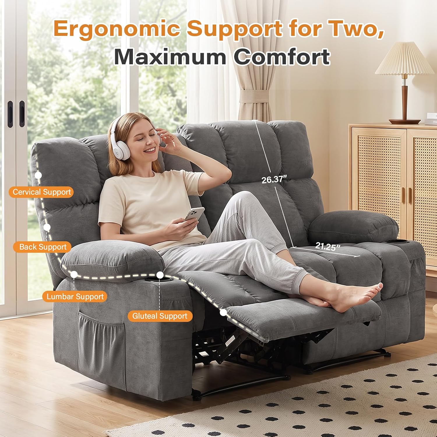 Oversized Fabric Reclining Loveseat Sofa for Living Room with Cup Holders | 2-seat recliner sofa with side pockets, padded seats and adjustable footrests for home theater, family room and relaxation