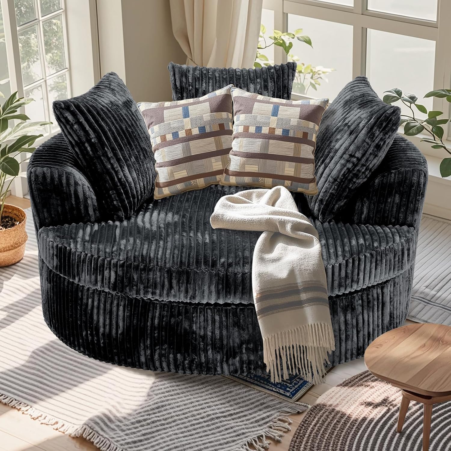59" Oversized Round Chaise Lounge Chair Indoor with Throw Pillows | No Assembly Required, Corduroy Fabric, Plush Round Sleeper Lounge for Living Room Bedroom