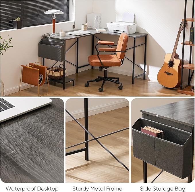Sweetcrispy L Shaped Desk Gaming Computer 50 Inch Reversible Corner PC Work Table for Writing Study Student with Wood Tabletop Metal Frame CPU Stand Side Bag for Home Office Small Space, Grey