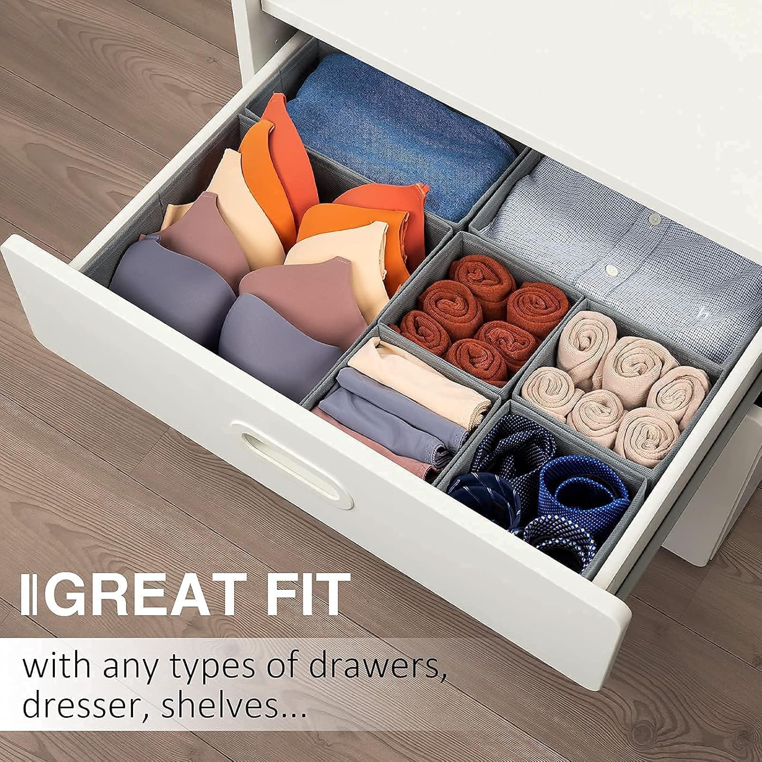 Criusia Drawer Organizer Clothes, 8 Pack Underwear Organizer, Foldable Closet Organizers and Storage Dresser Dividers for Clothes, Socks, Scarves, Ties (Gray)
