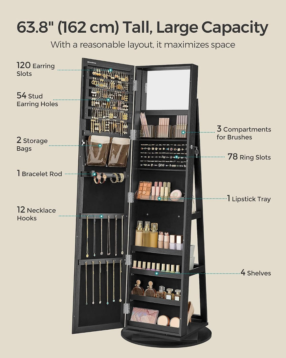 SONGMICS 360° Swivel Jewelry Cabinet, Full-Length Mirror, Lockable