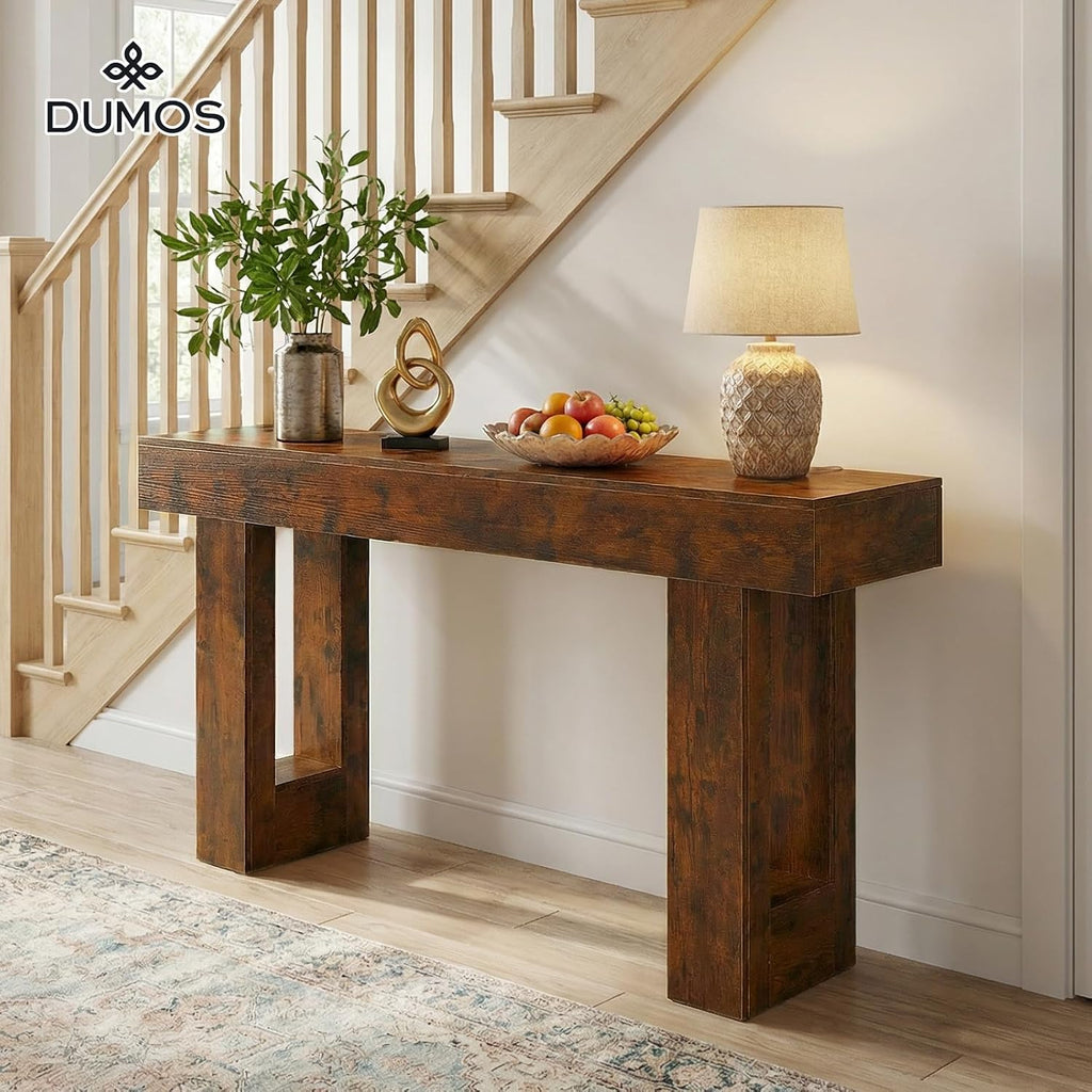 DUMOS 63 Inches Console Farmhouse Table for Entryway, Long Console Table Behind Couch, Solid Wood Narrow Entryway Table for Hallway, Living Room, Foyer, Entrance, Easy Assembly, Brown