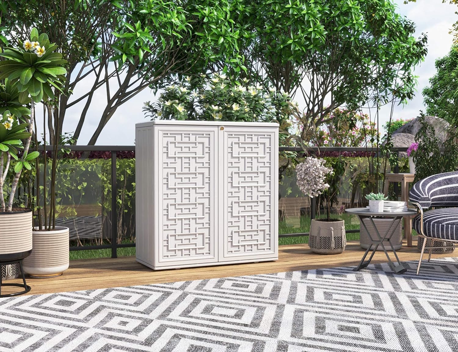 ADDOK 60-Gallon Storage Cabinet Light Weight Resin Indoor/Outdoor Storage Unit for Patio, Garden, Veranda with 1 Laminate Shelves (Ivory White)