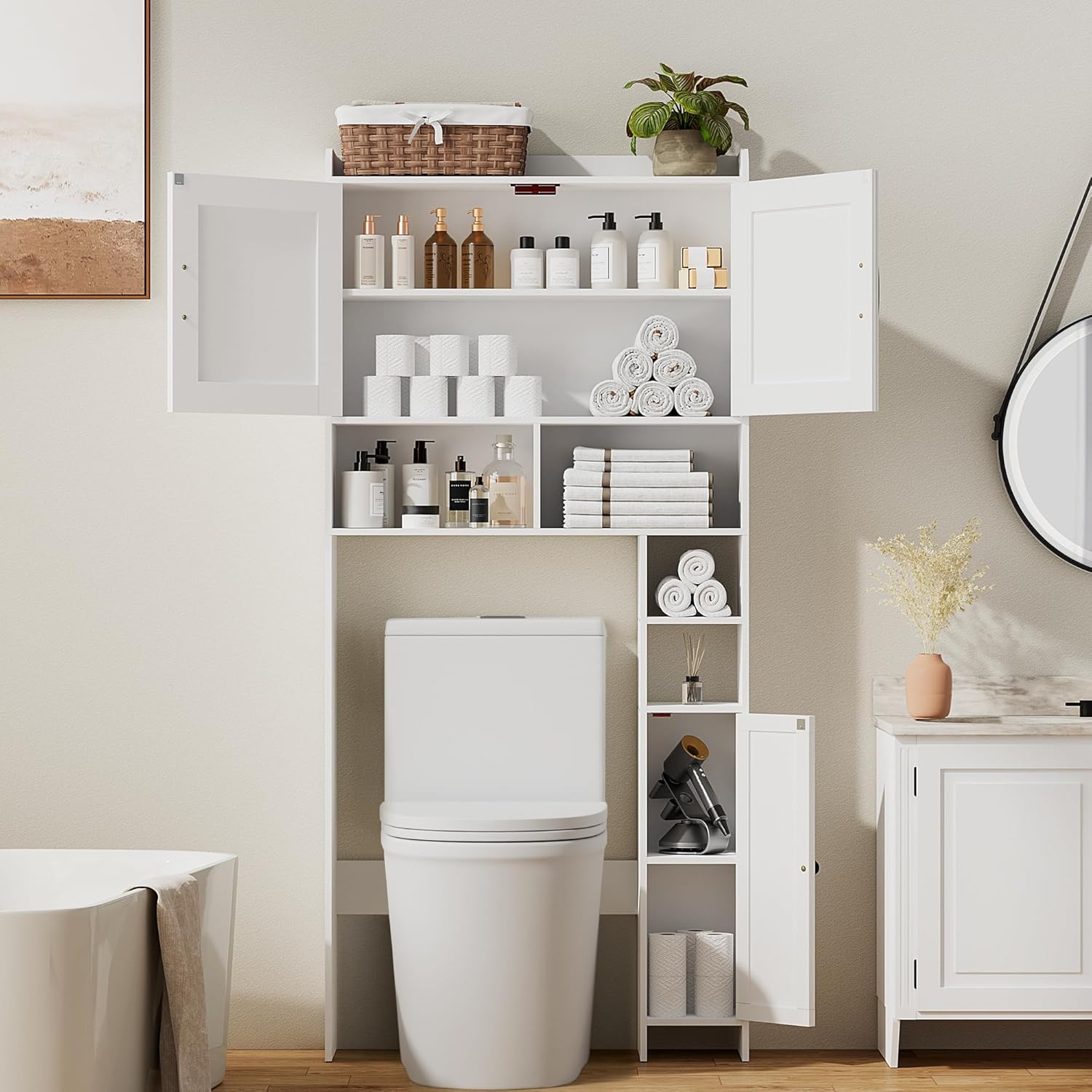 Homhedy Over The Toilet Storage Cabinet with 2 Barn Door and Toilet Paper Holder Stand, FreeStanding Toilet Shelf Space Saver, for Bathroom, Restroom, Laundry, White