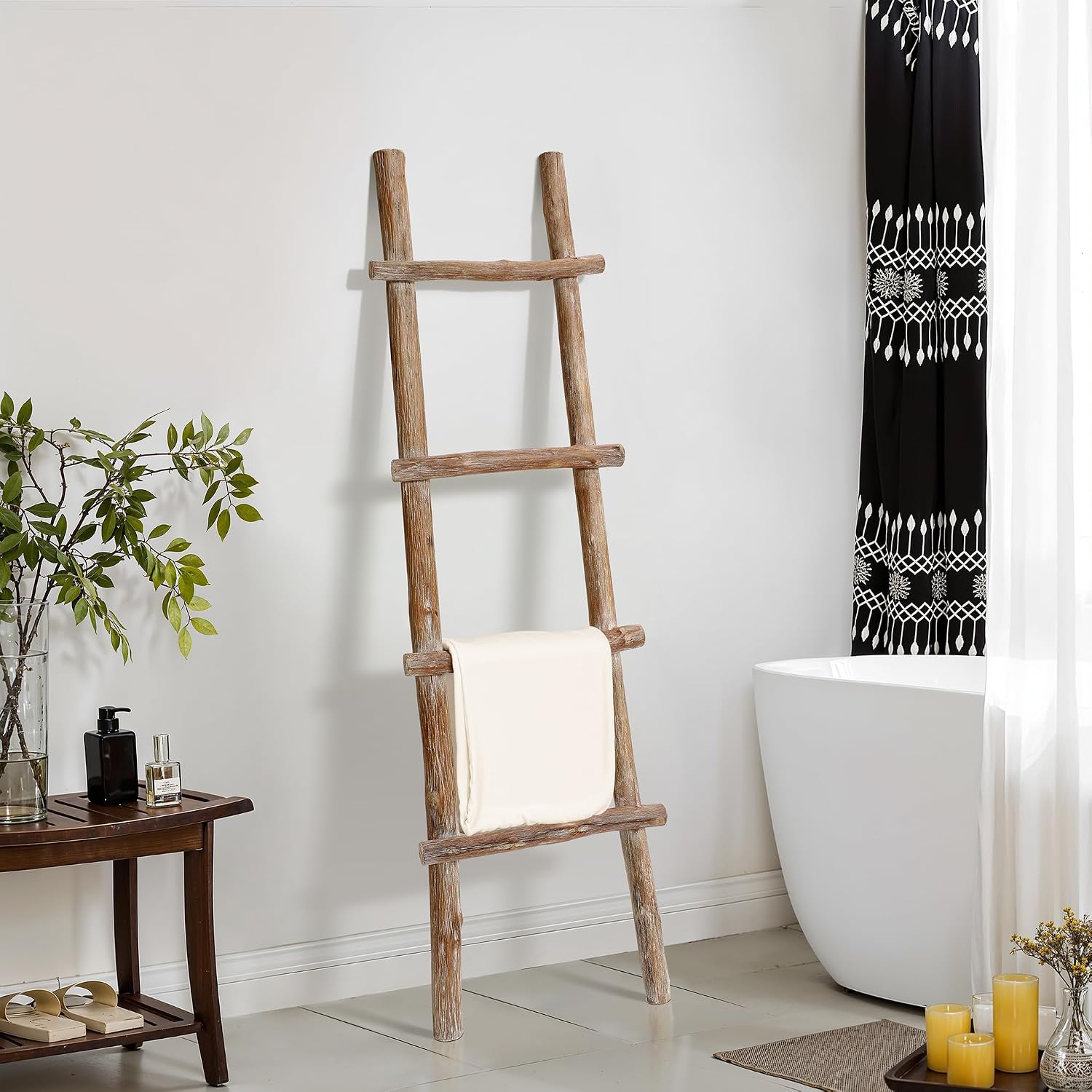 LuxenHome 60-Inch Tall Solid Wood Natural 4-Rung Blanket Ladder