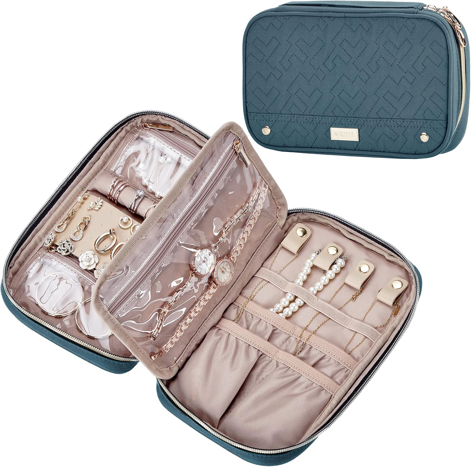NISHEL Travel Jewelry Case, Holiday Organizer for Necklaces, Earrings, Rings, Bracelets, Watch, Lake-Blue
