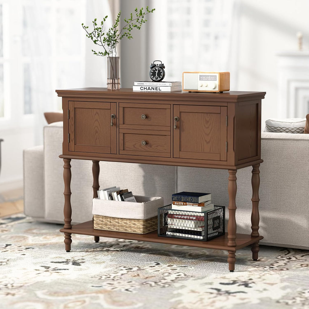 ARTPOWER Console Table with 2 Drawers, Retro Entryway Table with 2 Door | Solid Wood Veneer Entry Table, Behind Couch Sofa Table with Open Storage Shelf for Living Room, Foyer, Hallway
