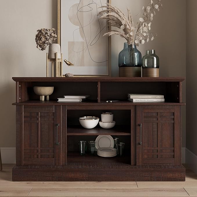 BELLEZE Modern 48" Farmhouse Wood TV Stand & Media Entertainment Center Console Table for TVs up to 50 Inch with Open Storage Shelves & Cabinets - Norrell (Espresso)
