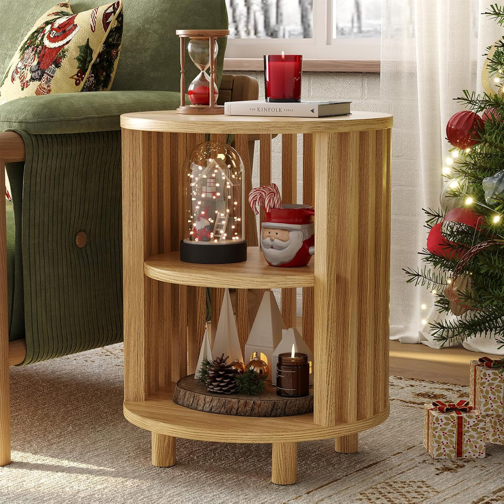 Round End Table, Wood Side Tables, Mid Century Modern Nightstand with 2 Tier ...