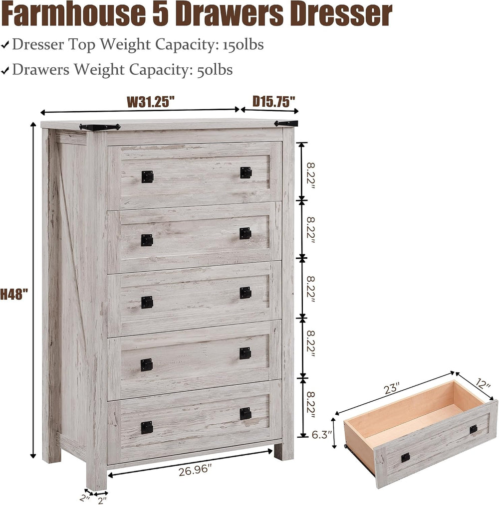 T4TREAM 48" Farmhouse 5-Drawer Dresser for Bedroom, Antique Brush White