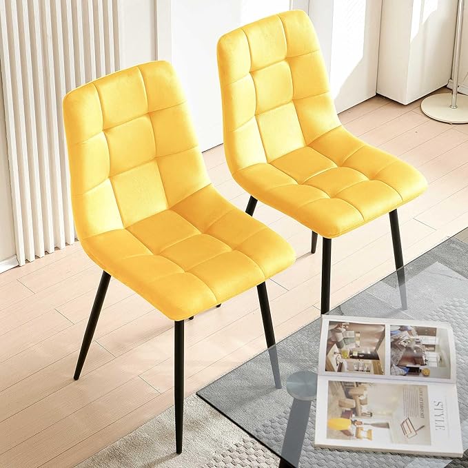 NORDICANA Yellow Velvet Dining Chairs Set of 4, Upholstered Tufted Kitchen Chairs, Comfortable Seat, Metal Leg, Easy Assembly