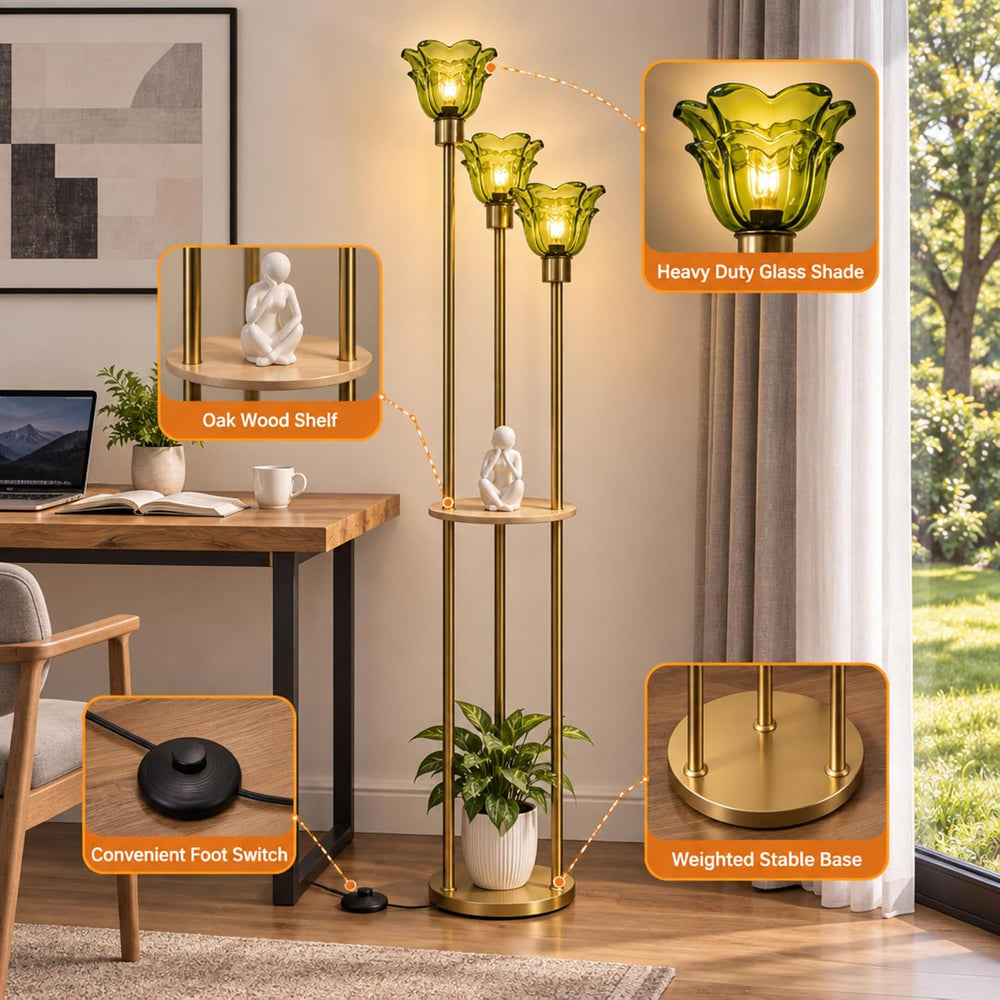 Fiqevs 3 Flower Mid Modern Glass Floor Lamp with Shelves for Living Room