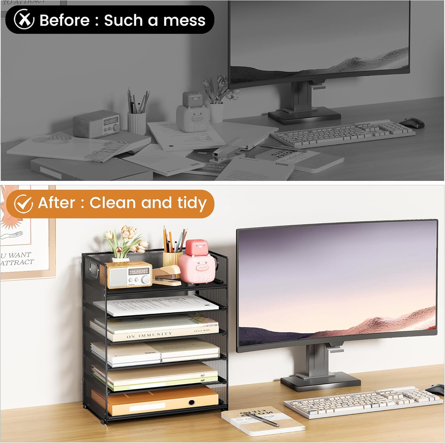 Subekyu 6 Tier Paper File Tray Organizer for Desk, Black Mesh Desk Letter Paper File Folder Accessories Sorter Organizer with Handle, Stackable Slide Tray for Office, Home or School Supplies Storage