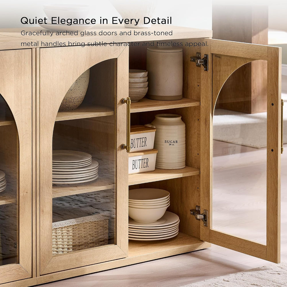 Glass Arched Door Sideboard Buffet Cabinet, Natural Oak