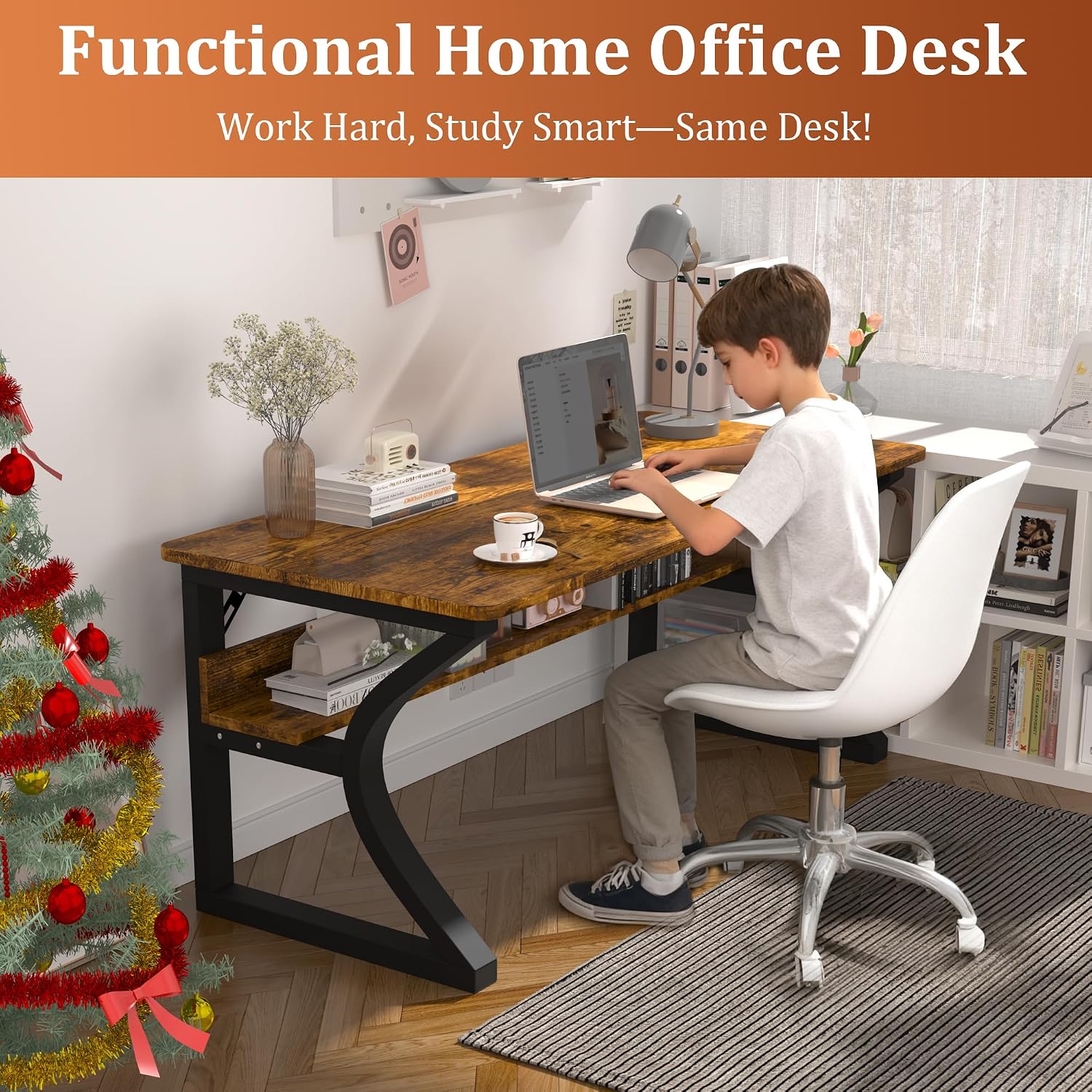 AZN Computer Desk, 47x24 in Computer Desk, Office Desk w/Storage & U-Size Metal Frame for Home Office Bedroom Gaming, Office Desk w/Water-Resistant, Scratchproof Surface, Brown