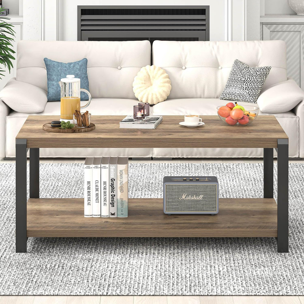 EXCEFUR Modern Coffee Table, Rustic Wood and Metal Center Table for Living Ro...