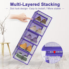 Kuject Shoe Organizers Storage Boxes for Closet, 12 Pack Clear Plastic Stackable Storage Bins with Lids, Under Bed Shoe Containers for Entryway, Drop Front, Fit up to Women's Size 10,Purple