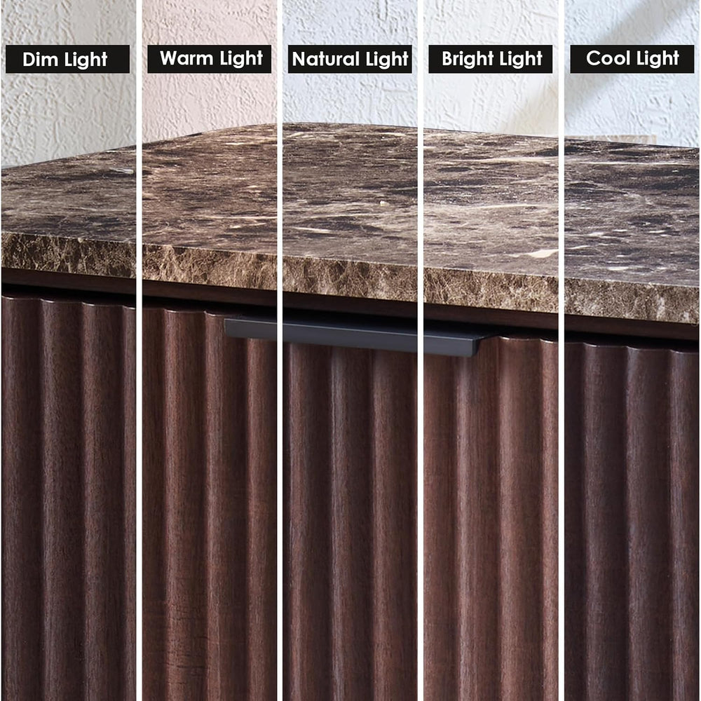 Curved Fluted Nightstand Set of 2, Faux Marble Top, Dark Oak