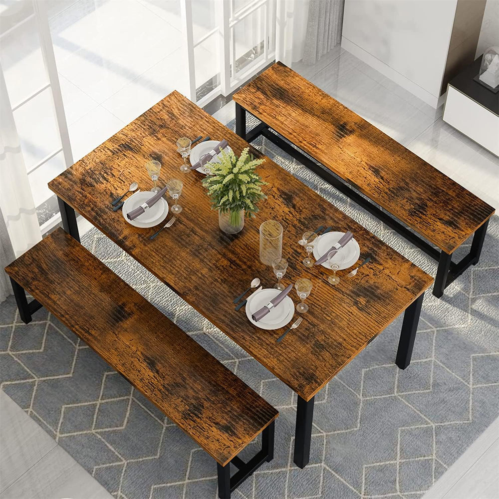 Dining Room Table Set with 2 Benches, Farmhouse Dining Table Set for 4-6, Woo...