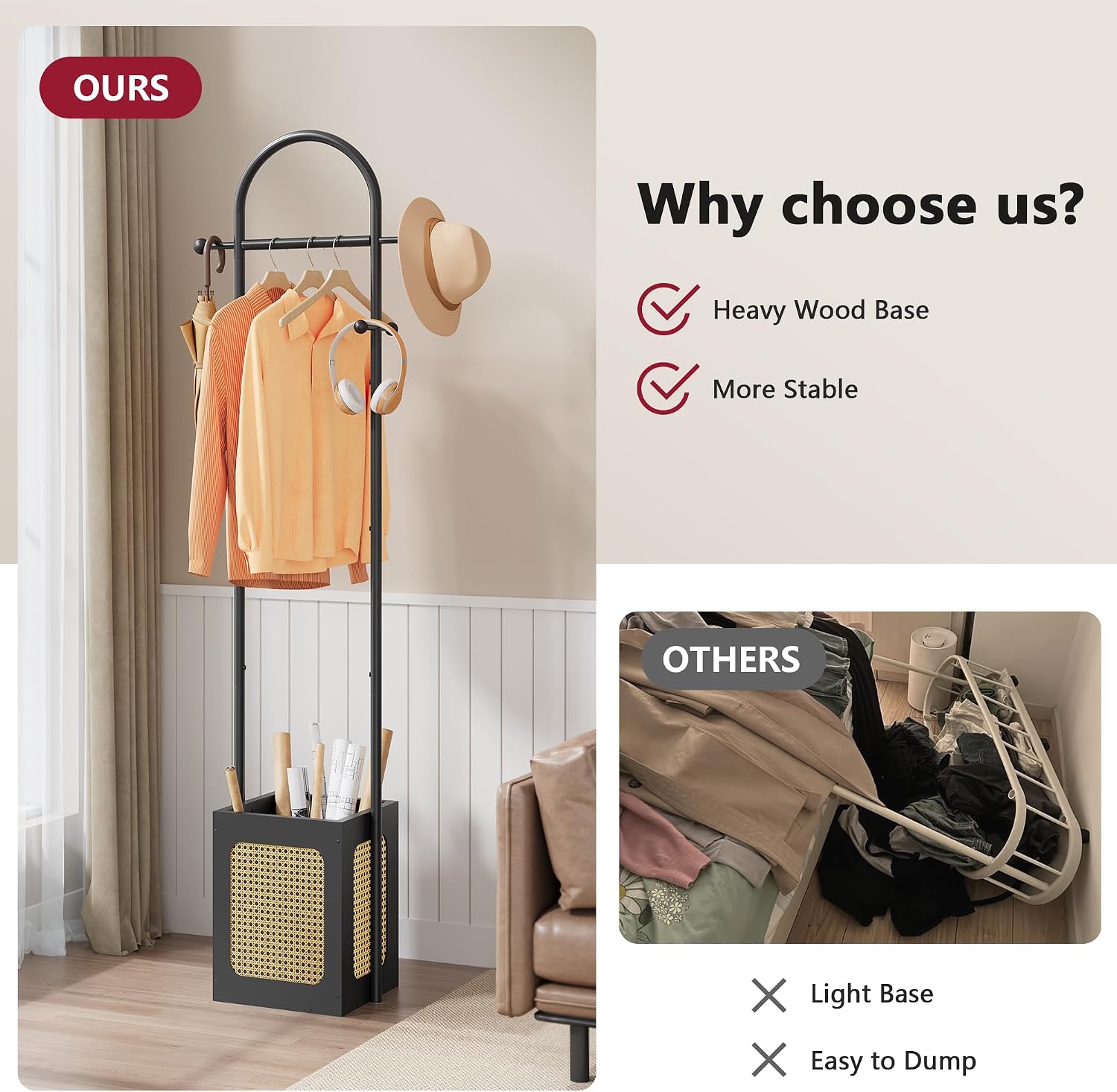 Tajsoon Coat Rack Stand with Wooden Base, Coat Tree Rattan Design, Coat Hanger Stand with 6 Hooks, Small Clothes Rack for Living Room, Bedroom, Office, Black