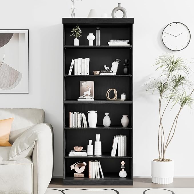 72" Wooden Book Shelf, 5 Shelf Bookcase, Modern Bookshelf with Adjustable Shelf for Home Office, Study Room, Black