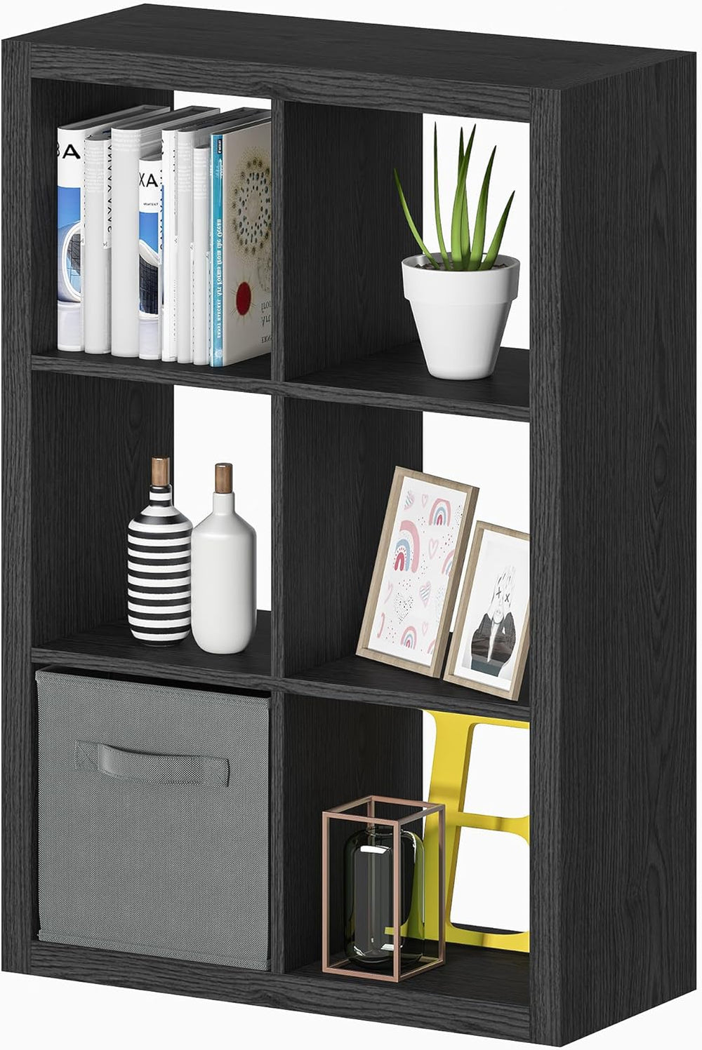 Bookshelf with Storage Bin, 6-Cube Storage Organizer, Modern Wood Open Bookca...
