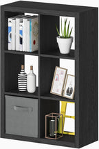 Bookshelf with Storage Bin, 6-Cube Storage Organizer, Modern Wood Open Bookcase, Multifunctional Display Shelf for Living Room, Bedroom, Home Office, Black