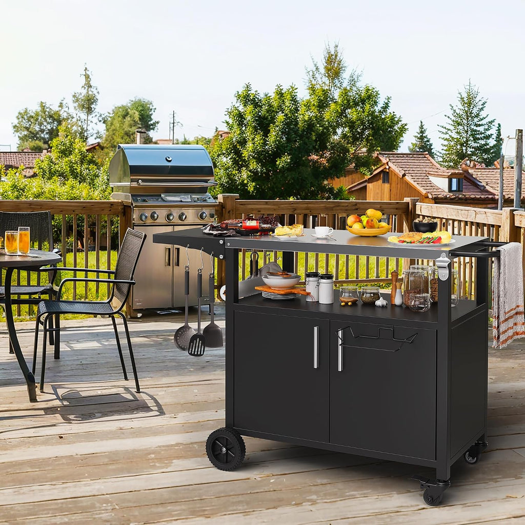 Shintenchi Outdoor Grill Cart Table with Stainless Steel Top for Kitchen Prep & BBQ, Outdoor Kitchen Island Table with Side Handle, Multifunctional Outdoor Grill Table, Black