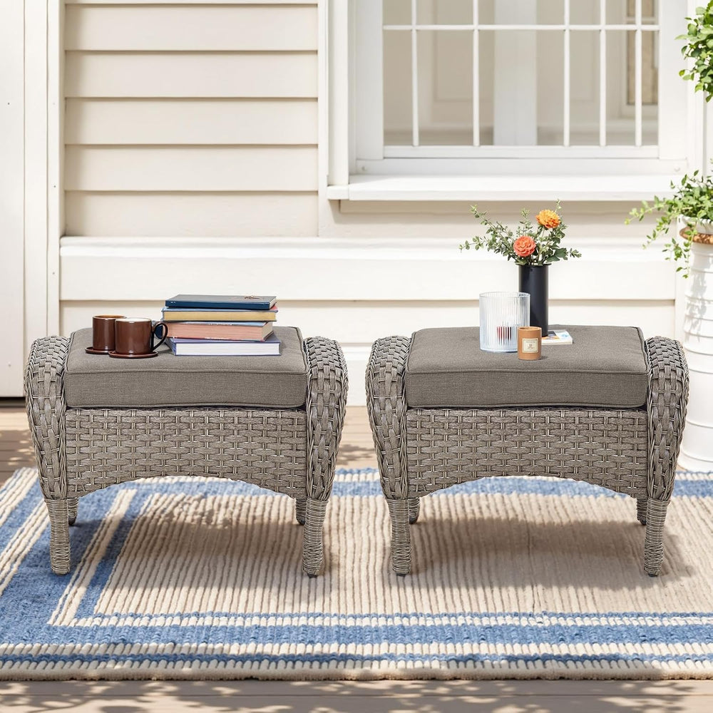 Outdoor Ottomans for Patio Foot Rest - 25 Inch PE Wicker Foot Stool Set of 2 ...