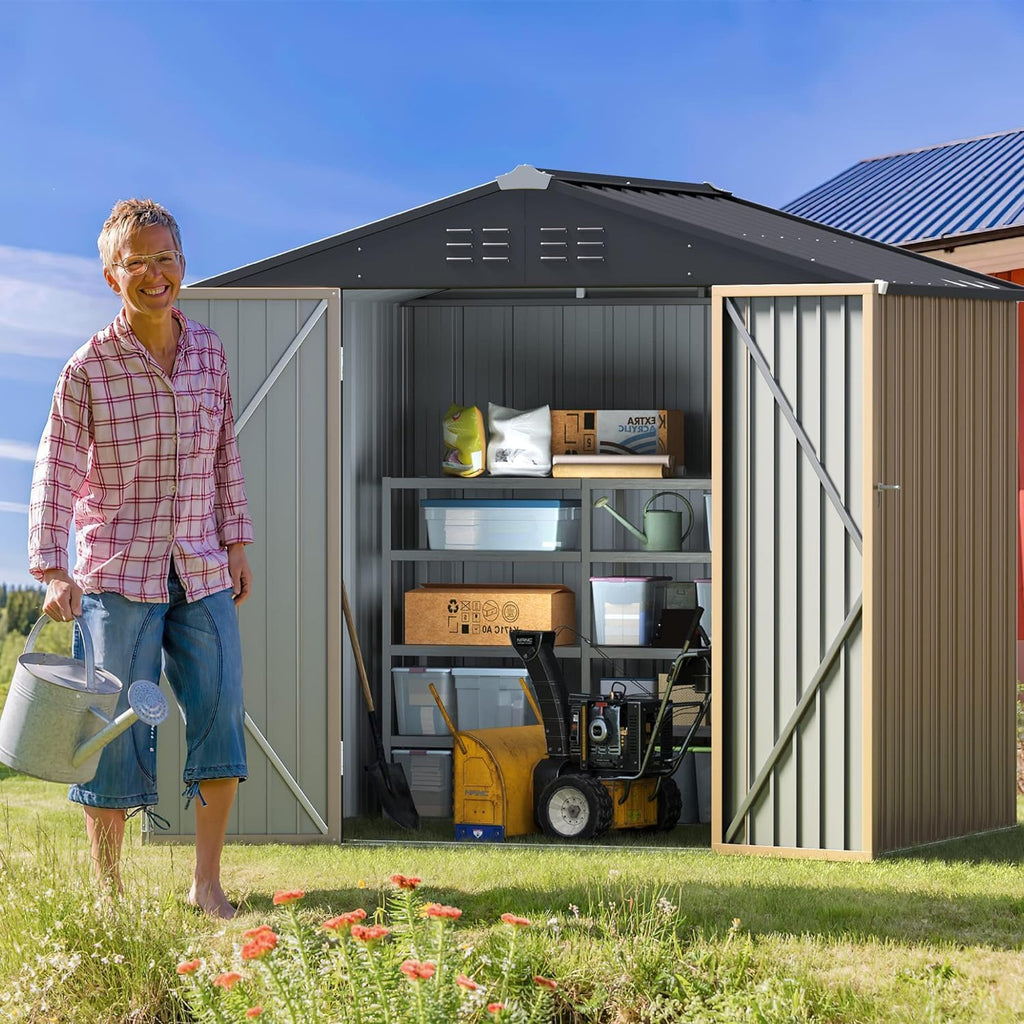 Furniwell 6x8 FT Outdoor Storage Shed, Metal Garden Sheds Outdoor Storage House with Single Lockable Door for Backyard Patio Lawn, Brown