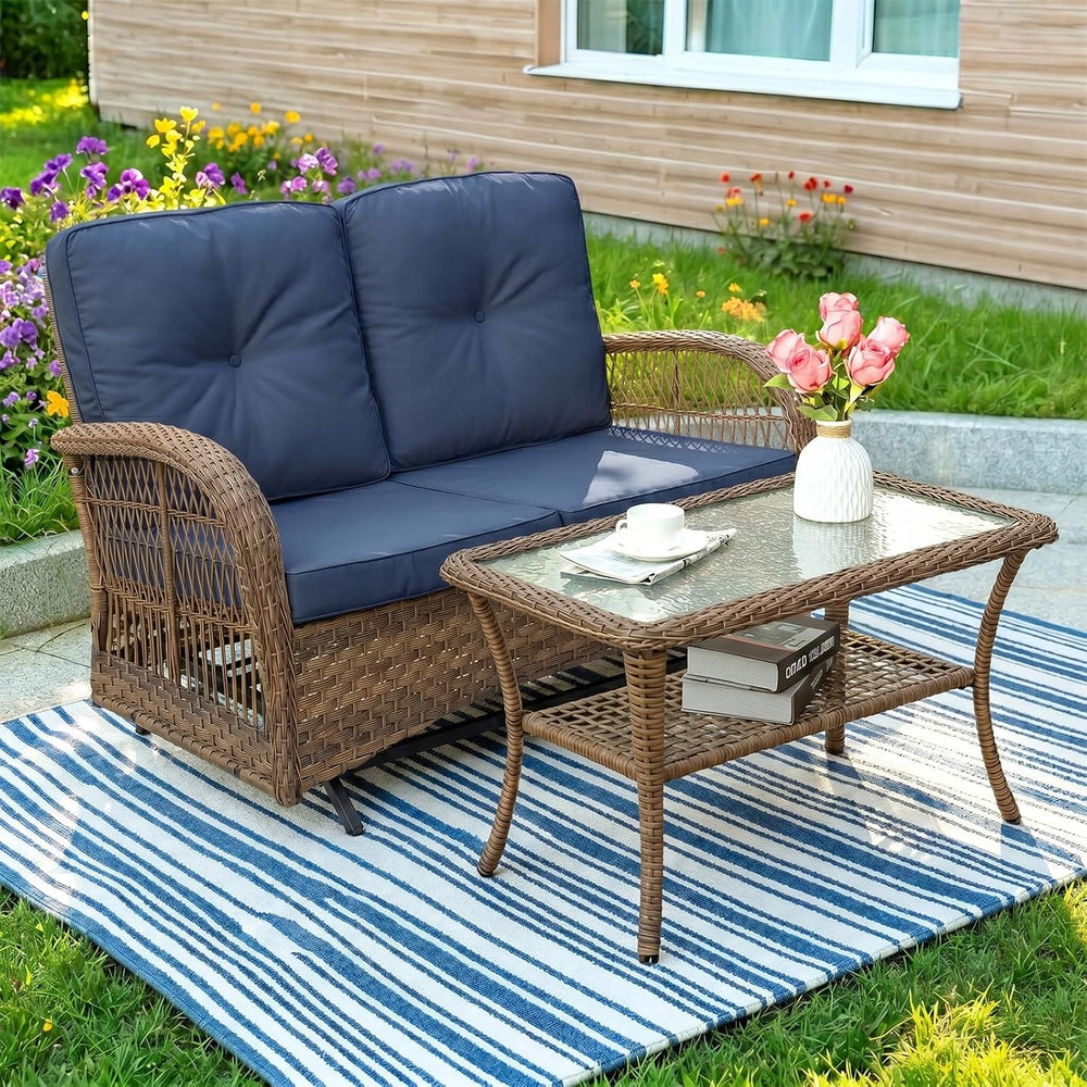 Outdoor Wicker Patio Glider Set, Loveseat for 2 Person Porch Furniture Glider...