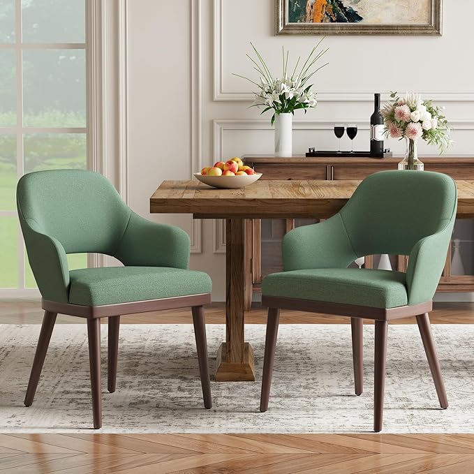Wooden Dining Chairs Set of 2, Modern Fabric Upholstered Dining Room Chair, Kitchen Side Chairs, Farmhouse Dinner Chair with Open Back for Kitchen, Green