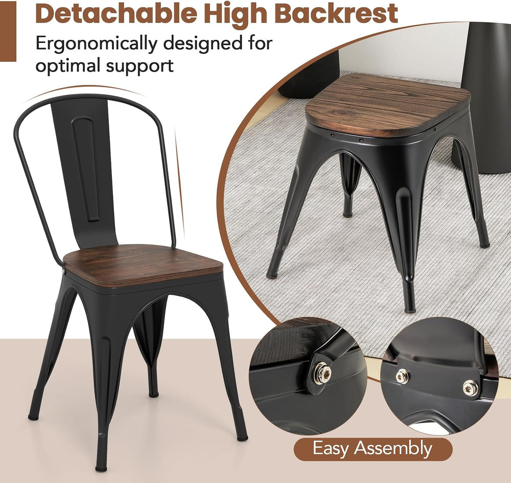 COSTWAY Stackable Metal Dining Chairs Set of 4 with Wood Seat and High Back |...