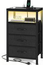 Sweetcrispy Nightstand with Charging Station 3 Fabric Drawers Bedside Table | Night Stand with USB Type-C Ports, AC Outlets & Dimmable LED Light Strip, Modern Black Bedroom End Table